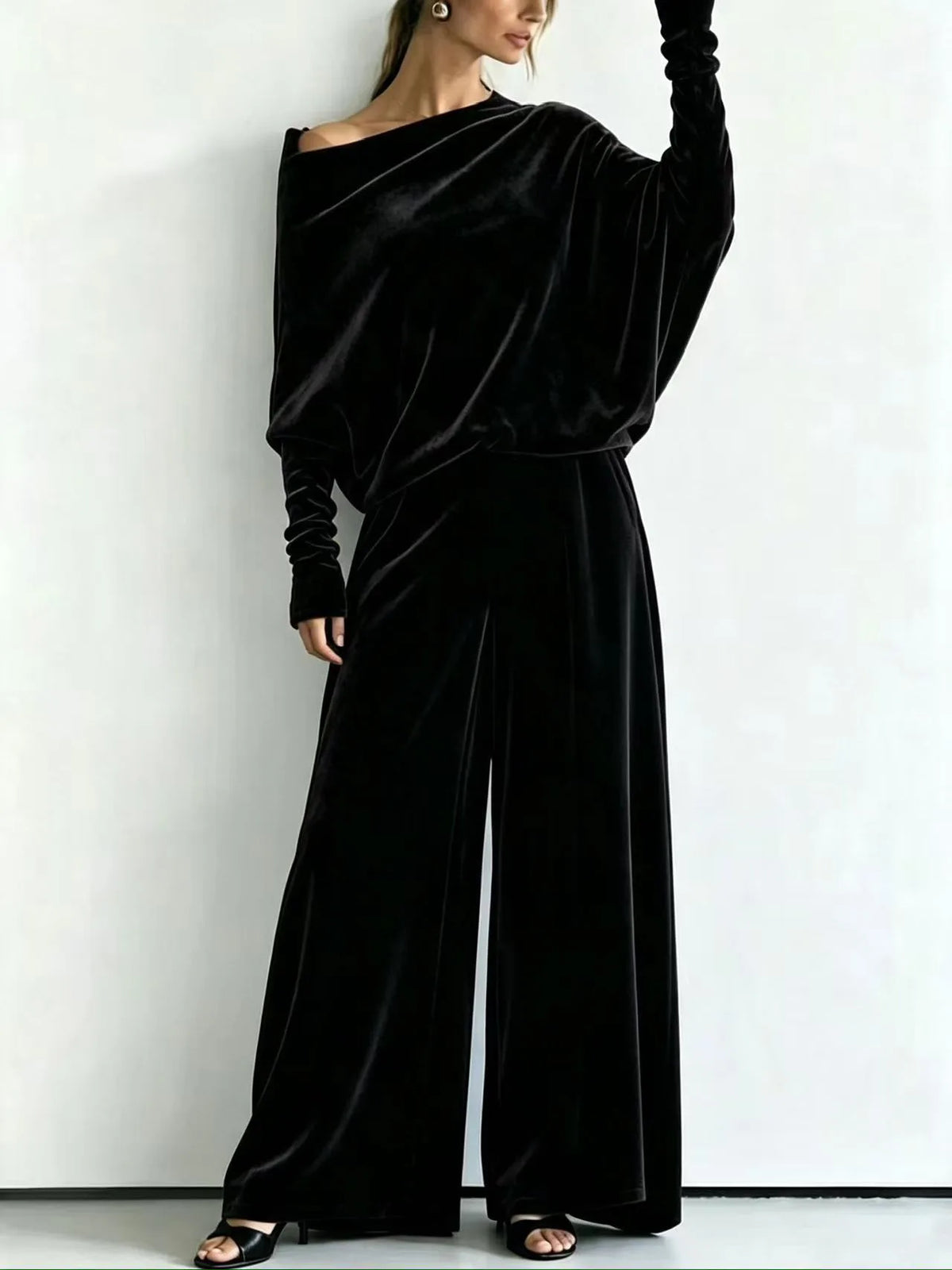 Women's Suit Two Piece Pants Set One Shoulder Batwing Sleeve Velvet Wide Leg Trousers Loose Fit Autumn Winter Tracksuit
