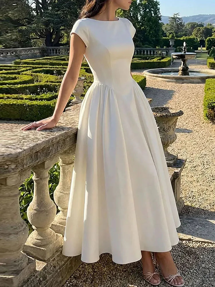 Temperament O-Neck High Waist Banquet Evening Dress Elegant Backless Slim A-Line Dress Trendy Solid Short Sleeved Splice Dress