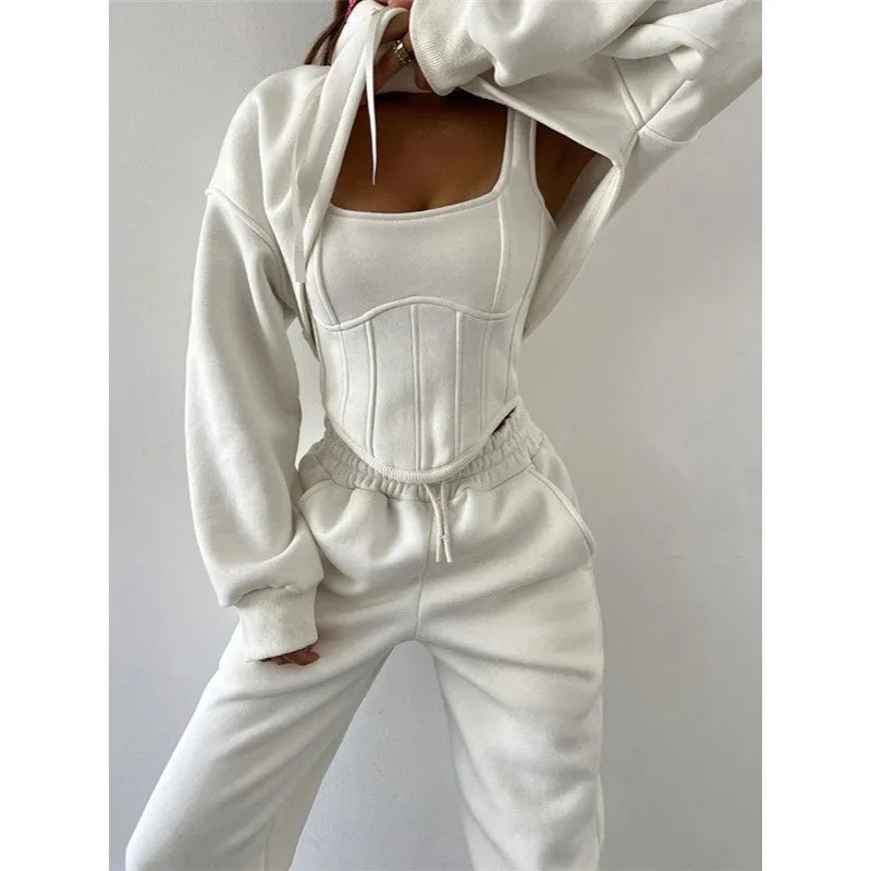 Y2K Sexy Sportswear Women's 3 Piece Set Long Sleeved Hooded Cardigan+slim Fit Strapless Vest+straight Leg Wide Pants