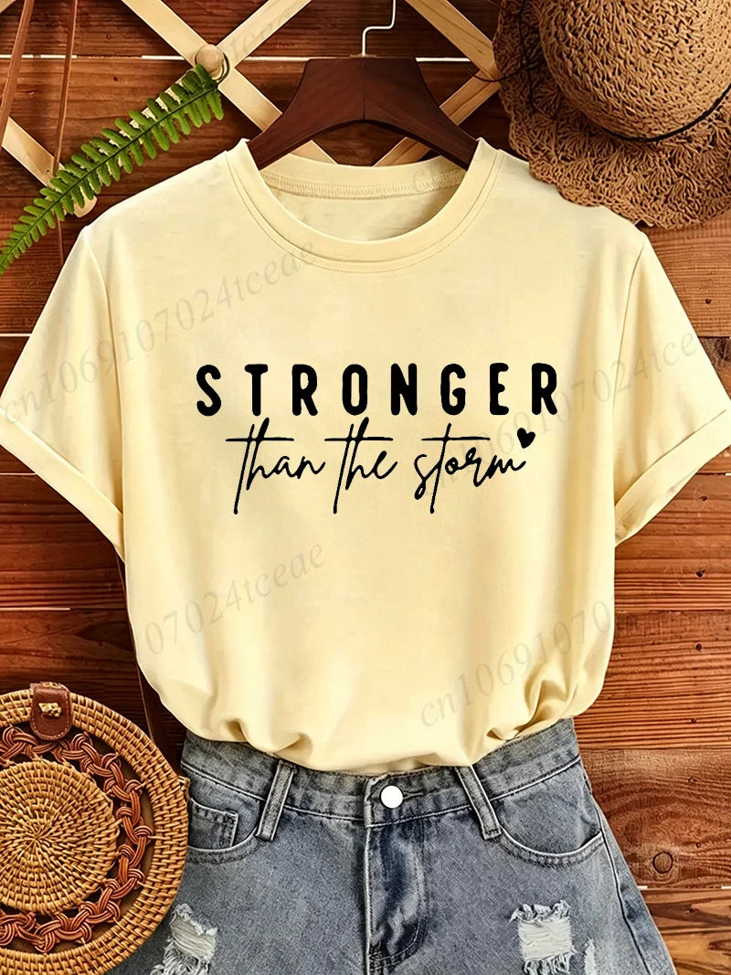 Women T‑Shirt Stronger Than The Storm Letter Print Short Sleeve O‑Neck Casual Loose Inspirational Motivational Graphic Tops Tees