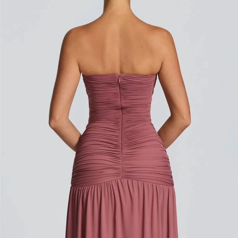 Elegant Lady Solid Maxi Dress Sleeveless Off Shoulder Deep V-neck High Split Pleated Satin Gown 2026 Women New Dinner Party Wear