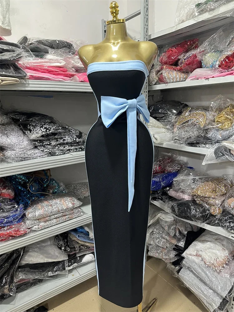 Women Sexy Strapless Off the Shoulder Bow Bodycon Bandage Long Dress Celebrate Fashion Nightclub Party Birthday Outfit