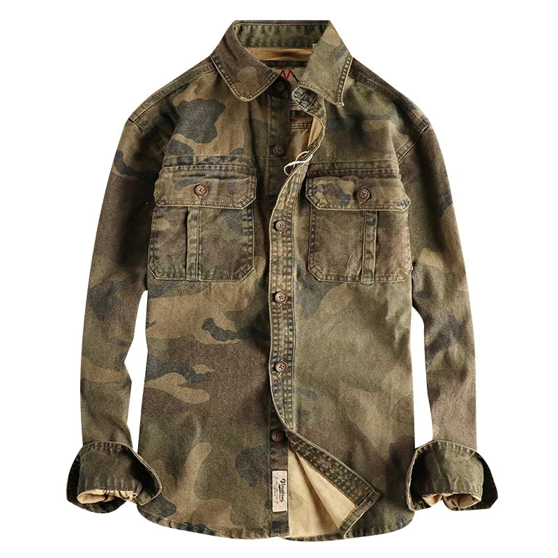 2024 Autumn and Winter New American Retro Woven Camouflage Cargo Shirt Men's 100% Cotton Washed Old Double Pockets Thin Jacket