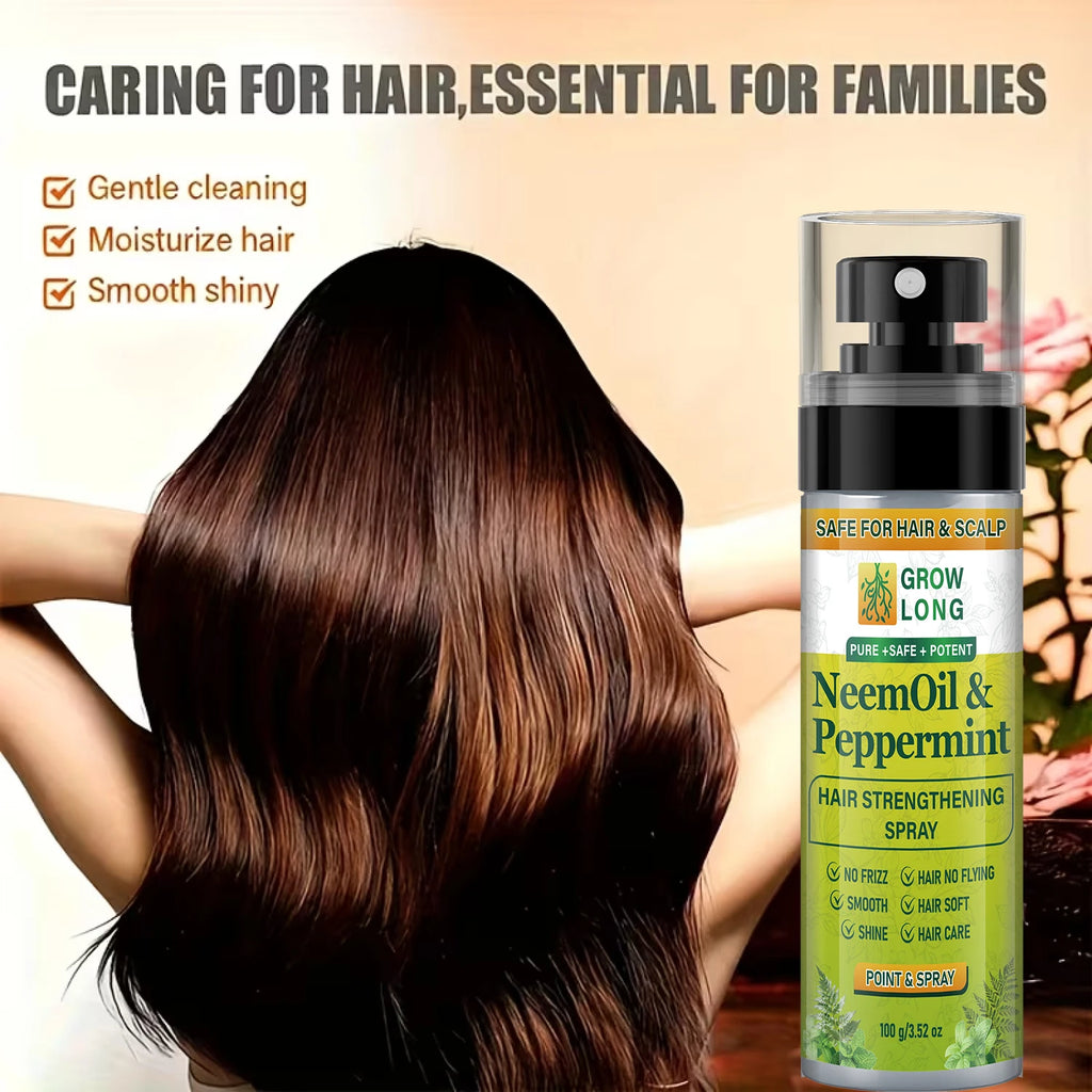 Grow Long Neem Oil & Peppermint Hair Strengthening Spray - Smooth Shine, Safe for Hair & Scalp, Biotin & Keratin Infused