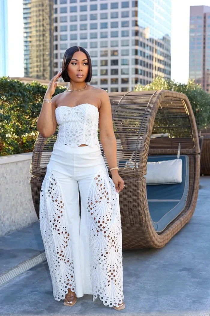 Women's Solid Color Pants Sets Hollow Out Lace Tube Top Cropped Top High Waist Trousers Two Piece Set Sexy Hot Girl Streetwear