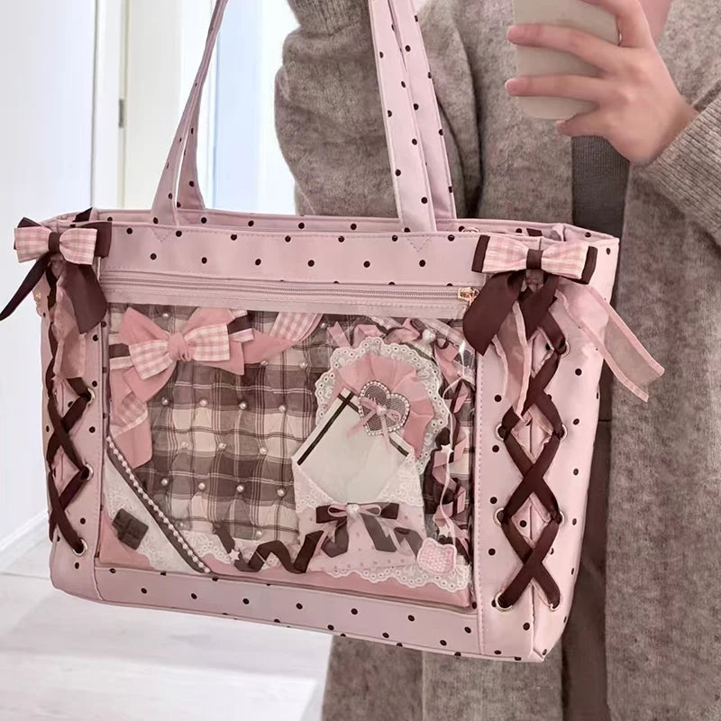 Japanese Polka Dot Shoulder Bag, Sweet Cute Large-capacity Ita Bag, Bow Lace Tie Design Handbag Fashion Lightweight Laptop Bag