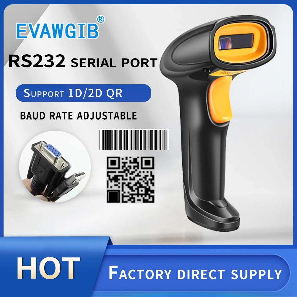 EVAWGIB Handheld Wired QR Barcode Scanner 1D Laser 2D Bar Code Reader With USB and RS232 Interface For Serial Connection