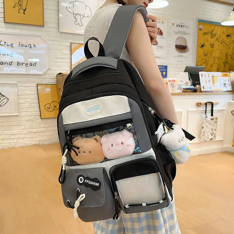 Women's Pastel Color Block Backpack Clear Display Pockets Plush Charm Bow Detail Adjustable Strap Casual Daily Itabag School Bag
