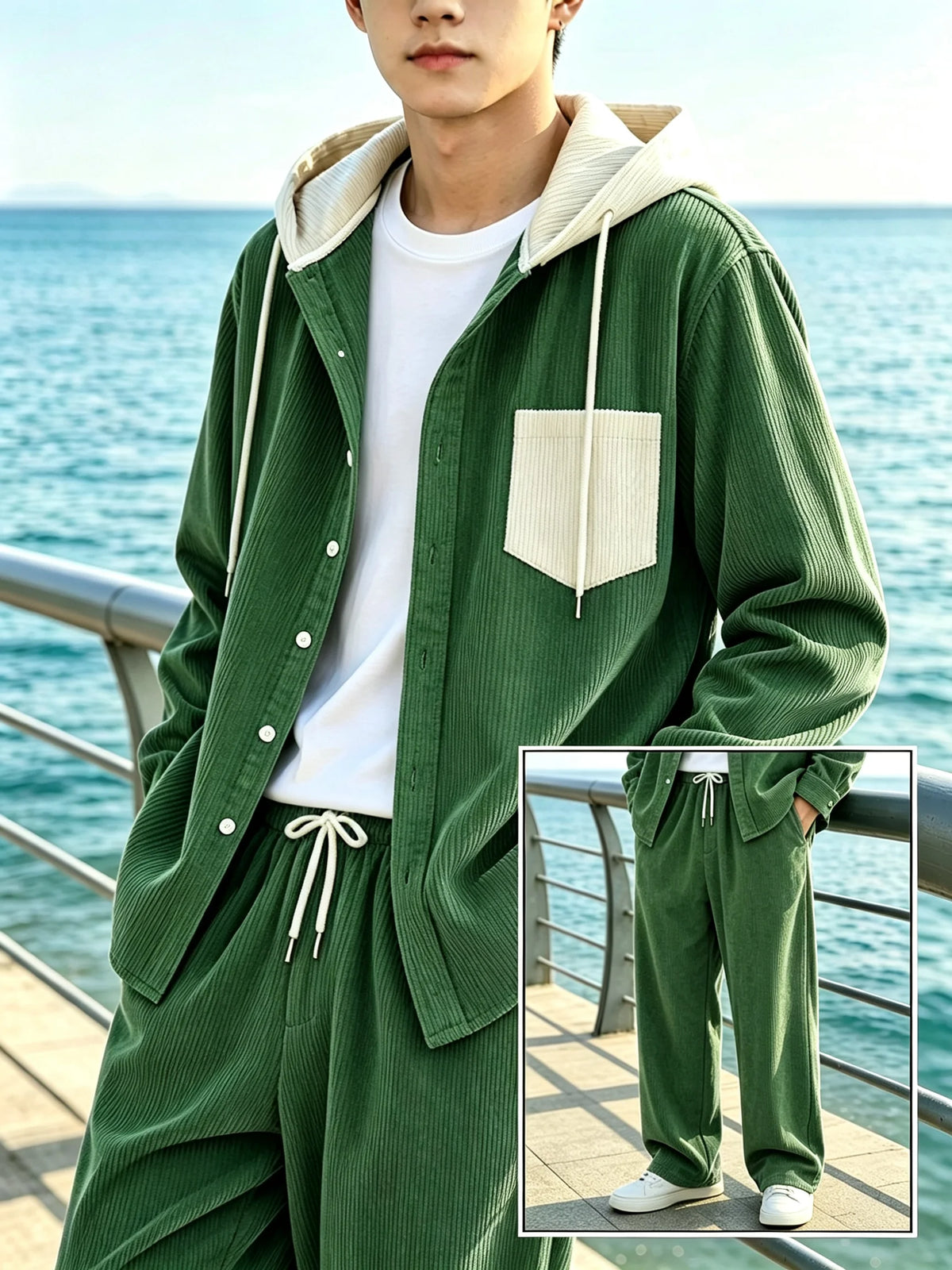 Men Corduroy Tracksuit Set Fixed Hooded Shirt Jacket And Drawstring Wide Leg Pants 2 Pieces Outfit Casual Streetwear Suit