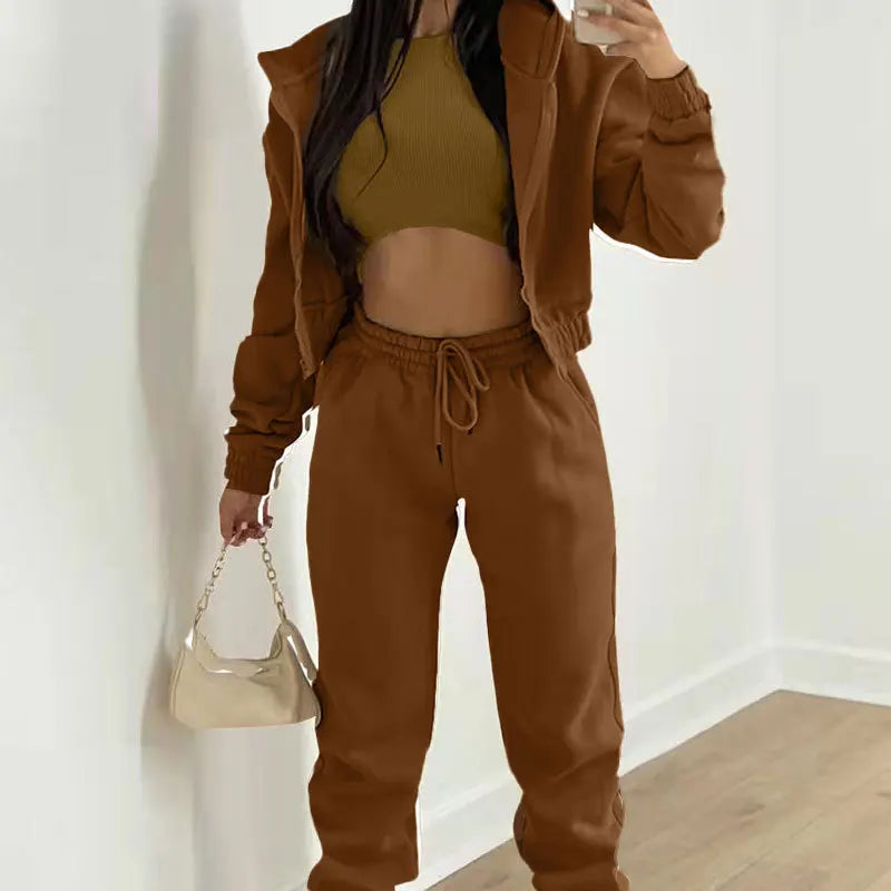 Women's Three-Piece Set Fleece-Lined Hoodie Sweatpants Sporty Casual Winter Outfit Complete Matching Long Pants Leggings
