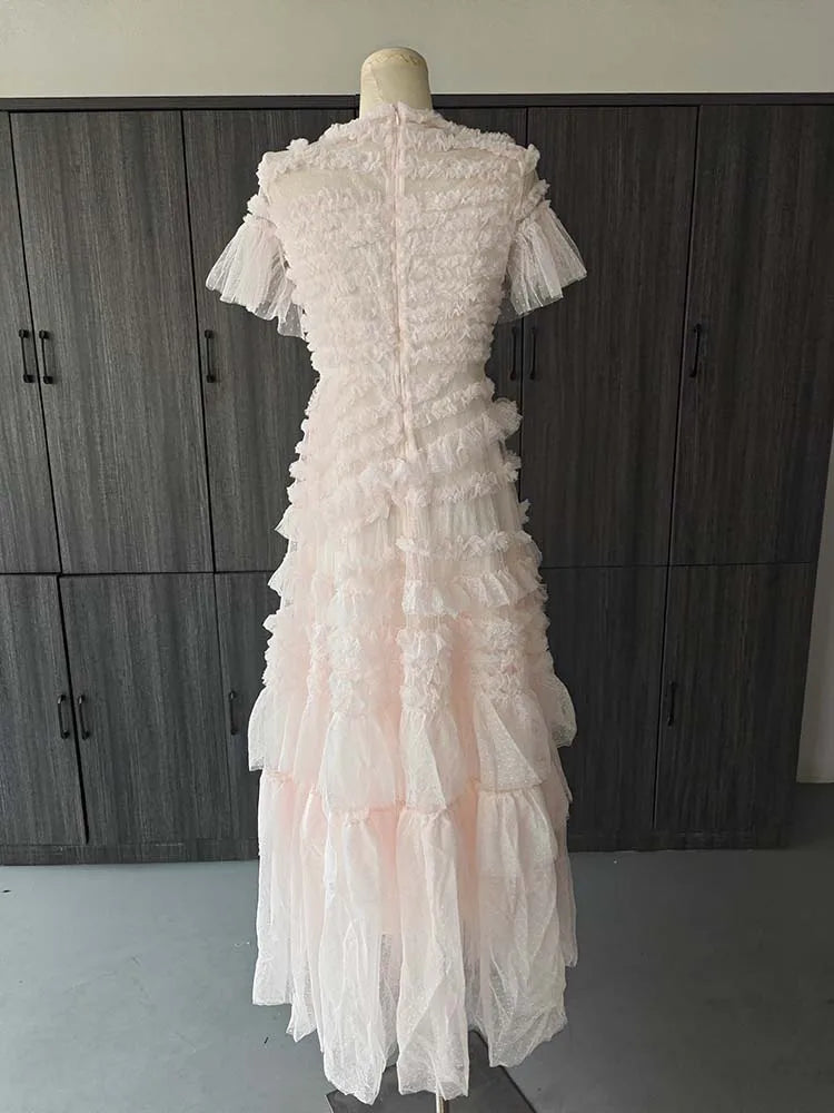 Eshin Elegant Midi Dress Short Sleeve Summer Spring New Fashion Design Women Runway Mesh Ruffles V-Neck Party High Street TH6731