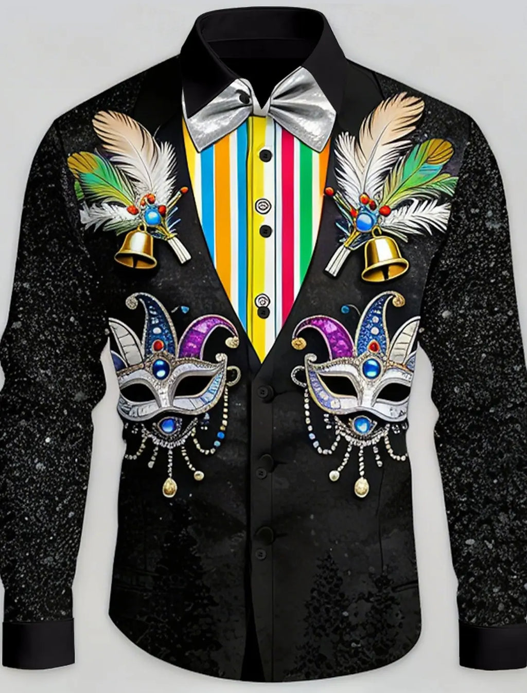 Mardi Gras Men's Carnival Faux Collar and Suit Design Mask with Feathers Shirt Button Up Shirt Long Sleeve Fashion Spring Fall