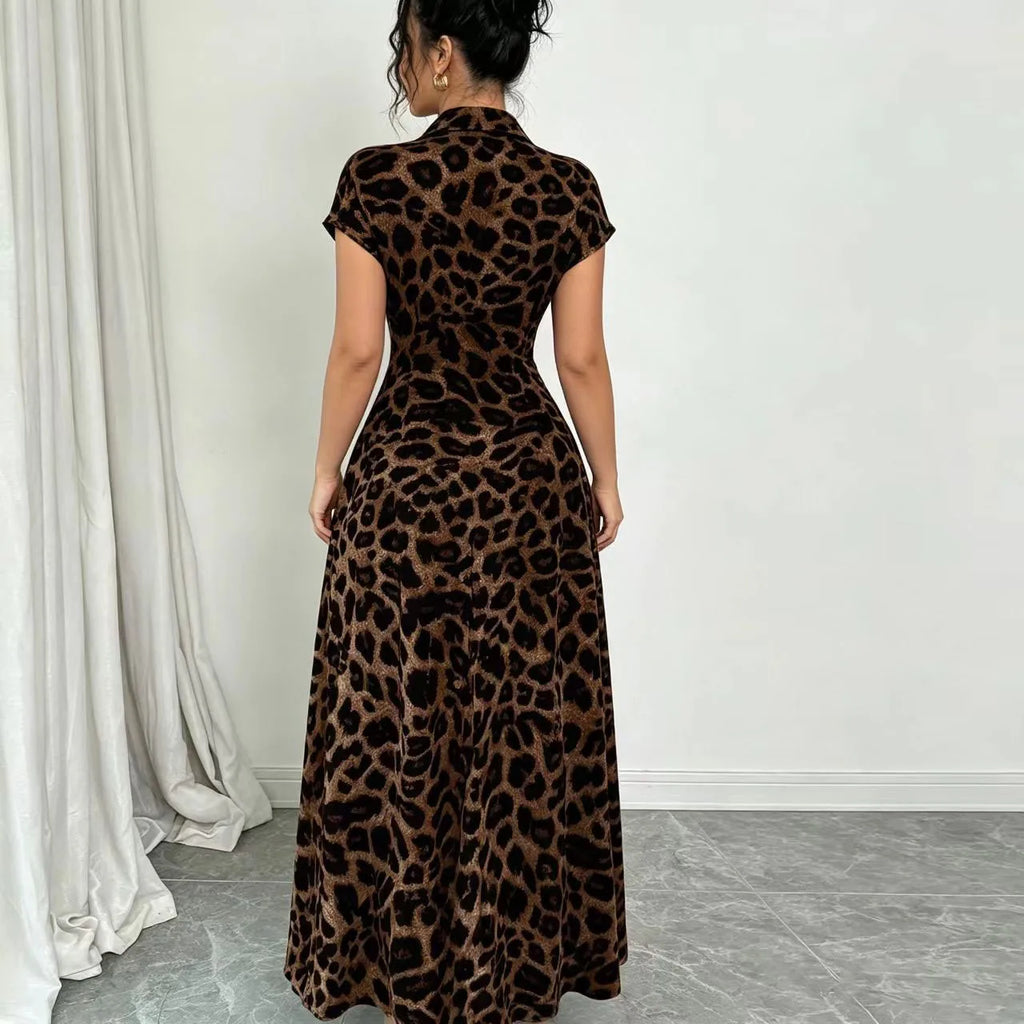 Women's Elegant Leopard Print Lapel Short-Sleeve Waist-Cinched Button Dress
