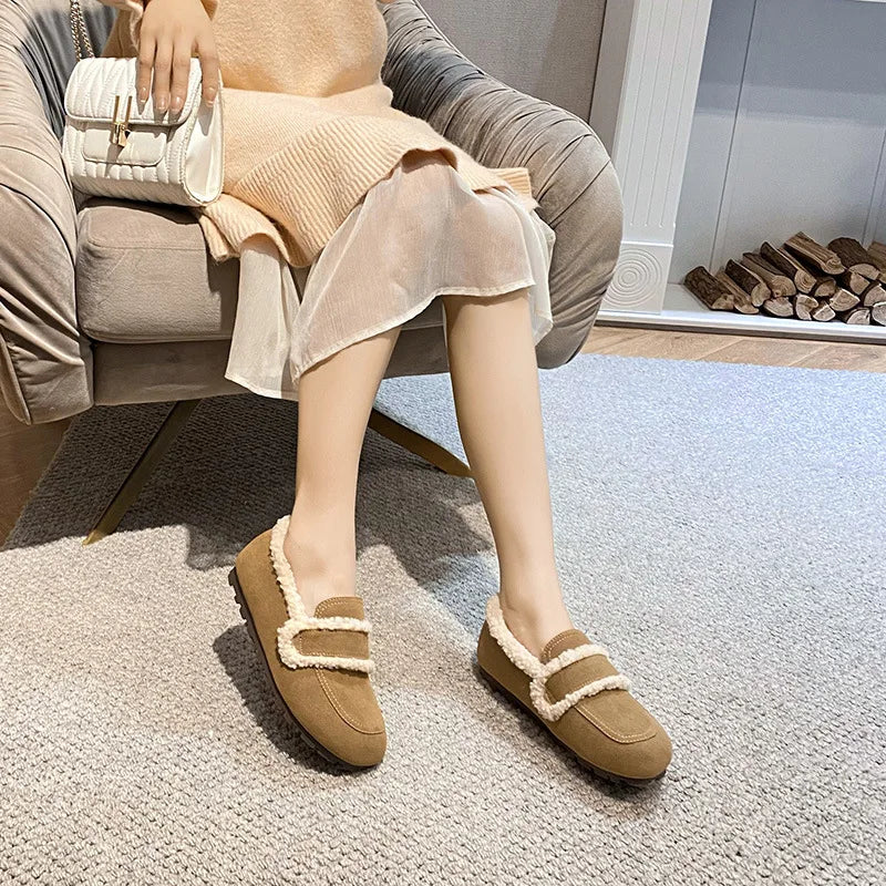 2026 Faux Suede Flats Women Lambswool Loafers Winter Warm Cotton Shoes Ladies Platform Fleeces Mocasines Female Sheep Fur Boots