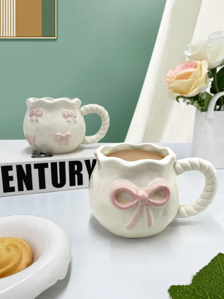Bow Ceramic Coffee Cup Cute Handmade Ins Style Mug Drinking Water Afternoon Tea Gift Decoration Summer Dopamine Girlfriend Gift