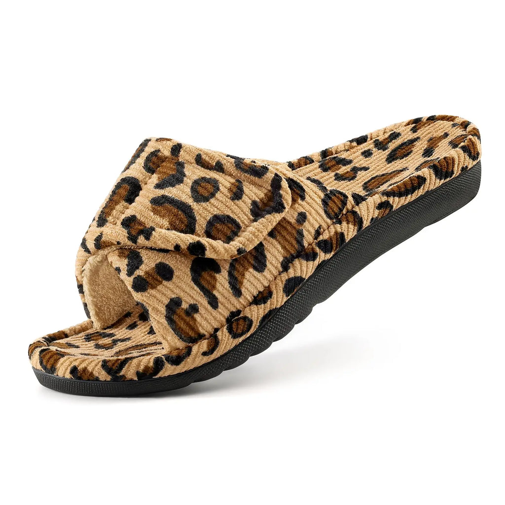 Evshine Women's Orthopedic House Slippers Arch Support Indoor Fur Slippers with Adjustable Strap Open Toe Corduroy Bedroom Shoes