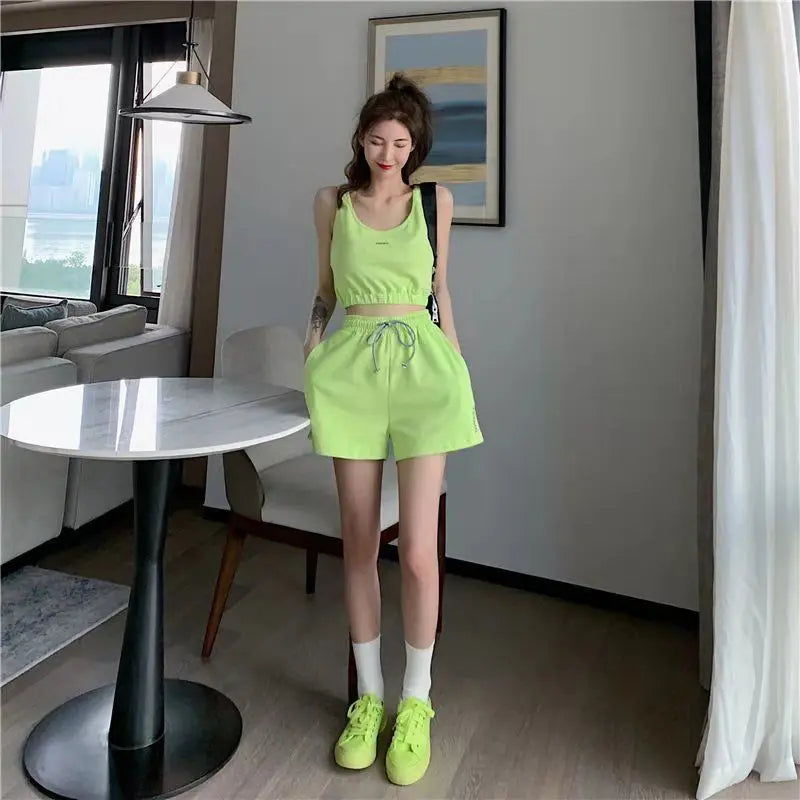 Women's Short Set Summer New Solid Sportswear Tank + Shorts Two Piece Womens Outifits Casual Sport Sets Woman