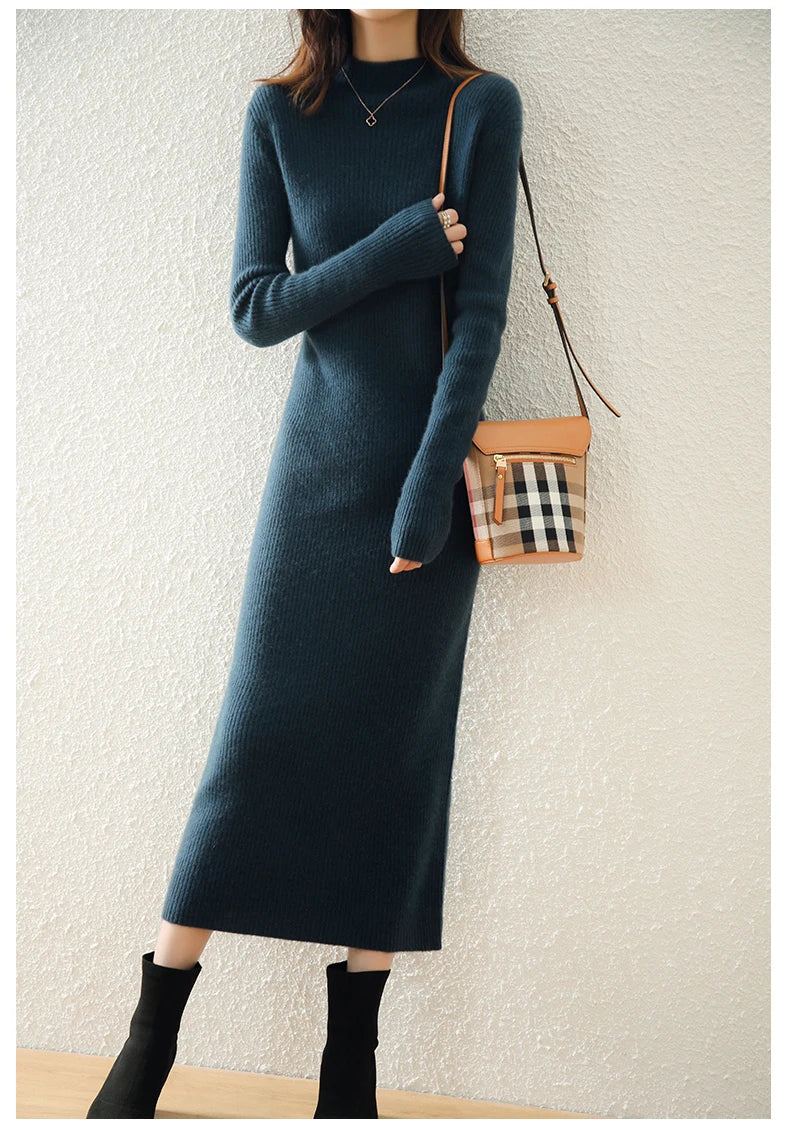 Autumn and winter semi high neck drawstring high elasticity slim fit 100% wool pullover dress, mid length over knee cashmere