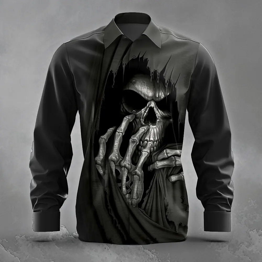 Men's Skull Death Ripped Shirt Button Up Shirt Long Sleeve Dark Punk Gothic Style Streetwear Turndown 3D Print Collared Shirts