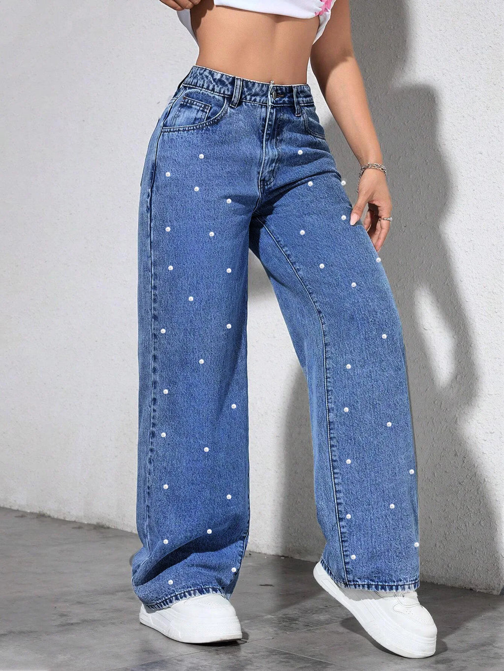 Fashionable Casual Rhinestone Frayed Straight Leg Jeans Women's Long Pants Cotton Natural Waist Comfortable Fit Spring Season