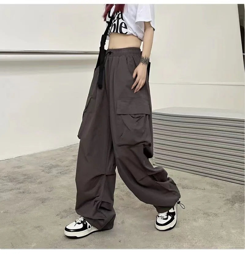 Women Streetwear Cargo Pants Elastic Waist Multi Pocket Loose Wide Leg Vintage Drawstring Casual Trousers