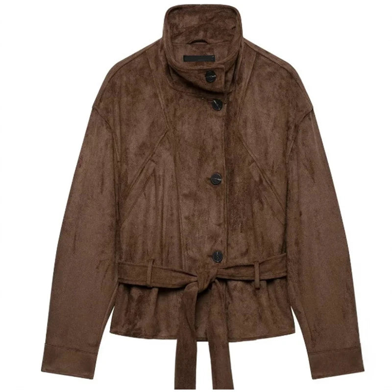 Faux Suede Women Winter Jacket Belted Waist Autumn Coat Stand Collar Short Jacket Cargo Jacket Daily Commute Wear Street Style