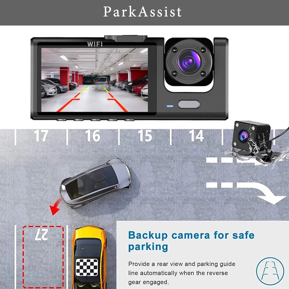 WIFI-3 Camera Dash Cam For Car Camera FHD 1080P Video Recorder Car DVR Front Rear View Camera Night Vision Black Box Car Dashcam