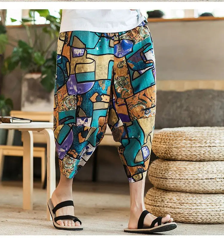 Men's Casual Cotton Linen Seven-Foot Pants Summer plus Size Lantern Loose Fit Shorts Harlan Style Comfortable Breathable Leis...