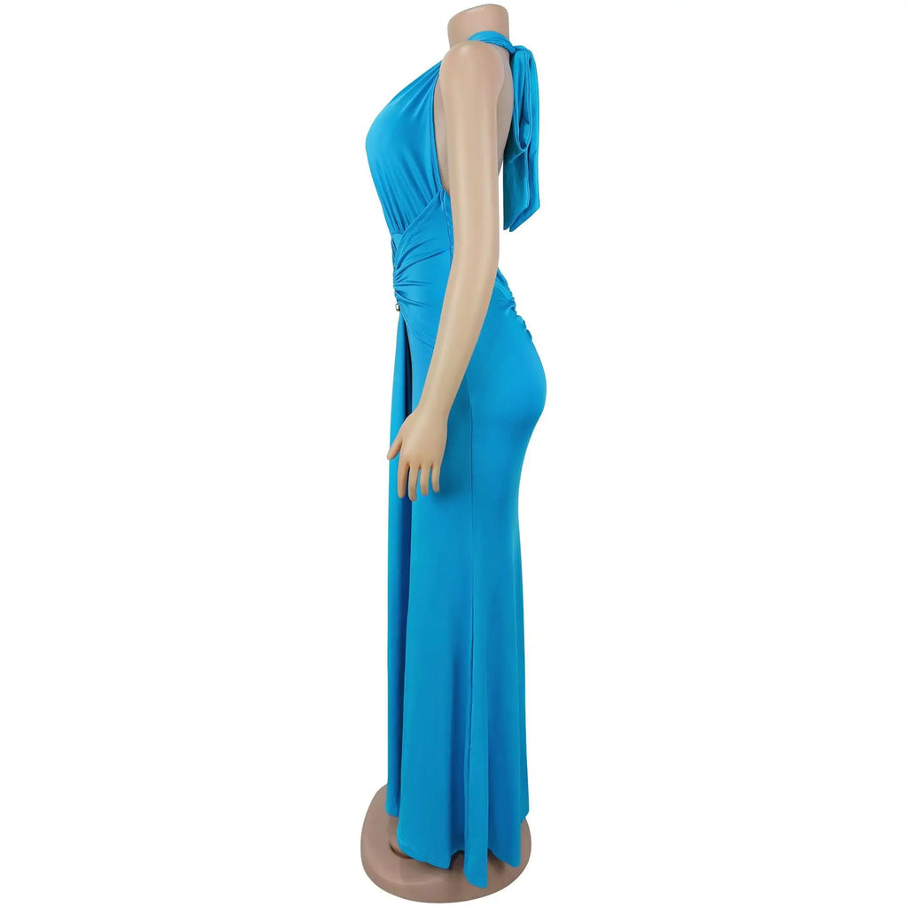 EINY Sexy Women White Halter Maxi Dress Elegant Backless Ruched Bodycon Long Gown Party Club Night Birthday Mermaid Dresses Y2K