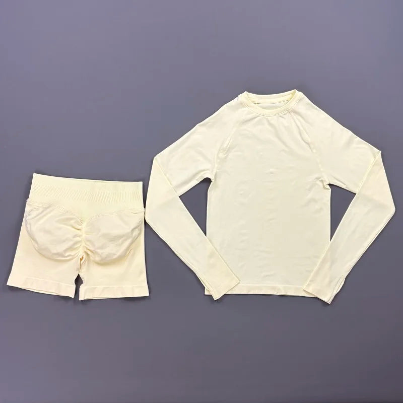 2 Piece Fitness Outfit Women Raglan Long Sleeve Crew Neck Top Hip Shaping Scrunch Shorts Stretch Soft Dance Gym Workout Set