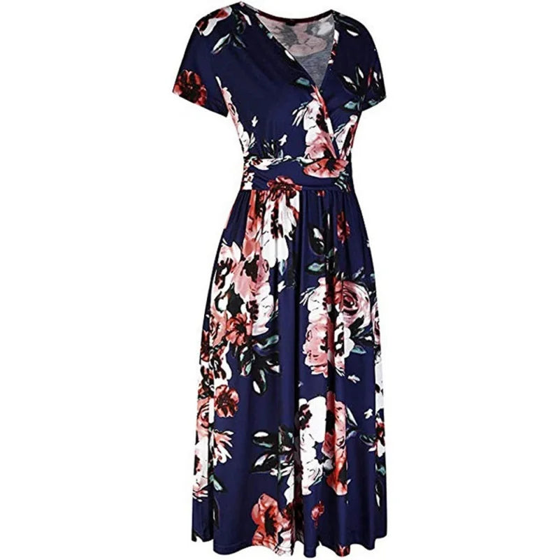 Cross-border women's summer 2024 new retro plant print V-neck breast wrap thin temperament elegant casual dress