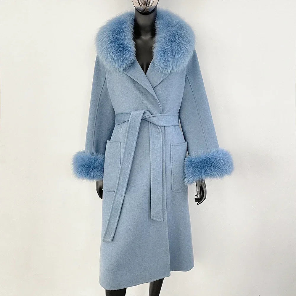 Elegant Wool Fur Jacket Women's Autumn Winter Warm Coat Natural Real Fox Fur Collar Jacket Casual Fashion Long Fur Coat Women's