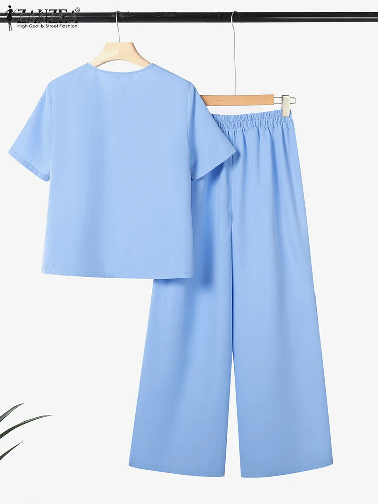 Fashion Summer 2PCS Outfits ZANZEA Women Pant Sets Short Sleeve Buttons Tops Suit Casual Solid Work OL Tracksuits Matching Sets