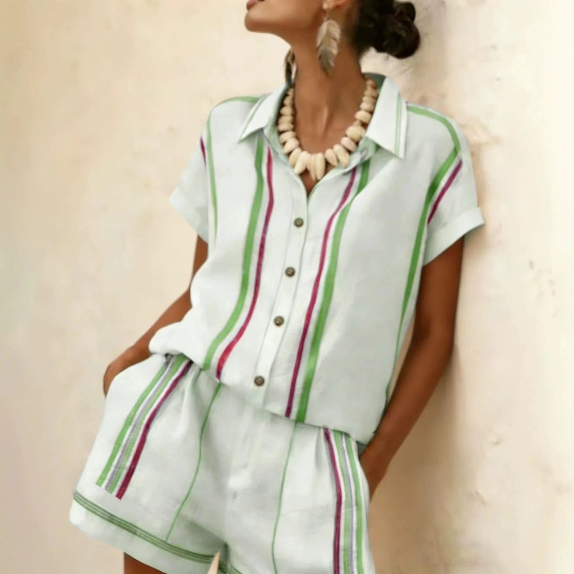 2026 Women Two-piece Set  Vertical Striped Top Women's Summer Loose Casual Versatile Lapel-neck Shorts Sleeve Shirt Shorts Suit