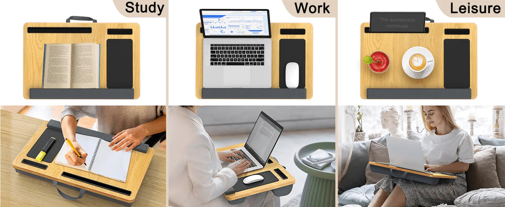 Laptop table with mouse pad, slots for tablet and phone, portable handle, suitable for outdoor and in - car use as a desk