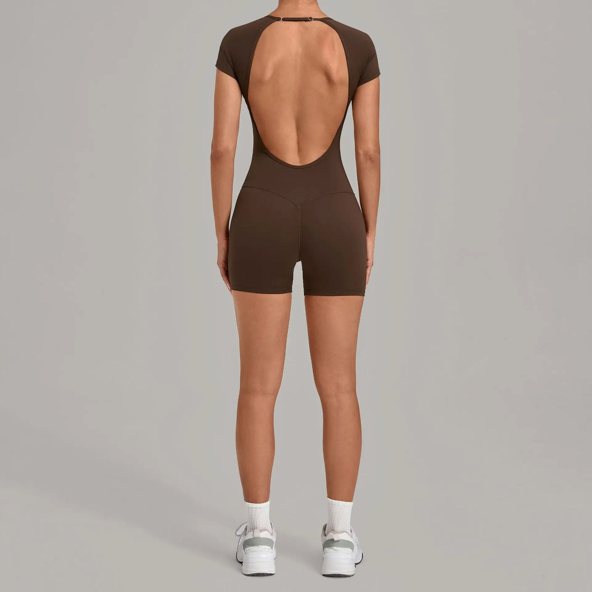 Women Short Sleeve Open Back Yoga Bodysuit Squat Proof Short Jumpsuit Gym Pilates Running Workout Fitness Sport Activewear