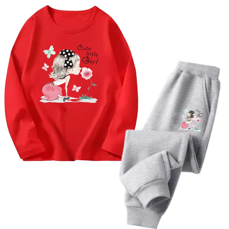 Spring Autumn Toddler Girls Fashion Set Kawaii Print Long Sleeve T-Shirt And Pants Two-Piece Casual Clothing Outfit for Girls