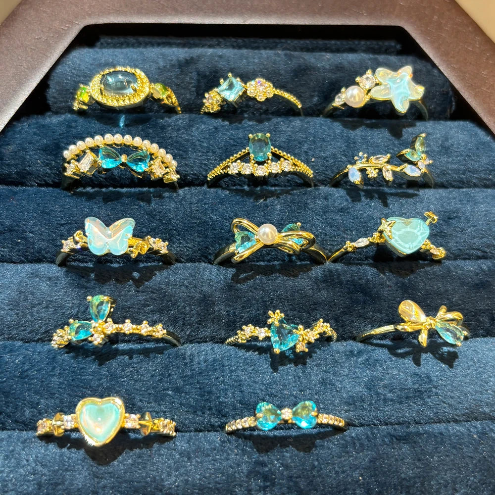 Vintage Blue Crystal Bow Knot Rings Women Gold Plated Open Adjustable Ring Sweet Heart Zircon Pearl Finger Ring Fashion Jewelry