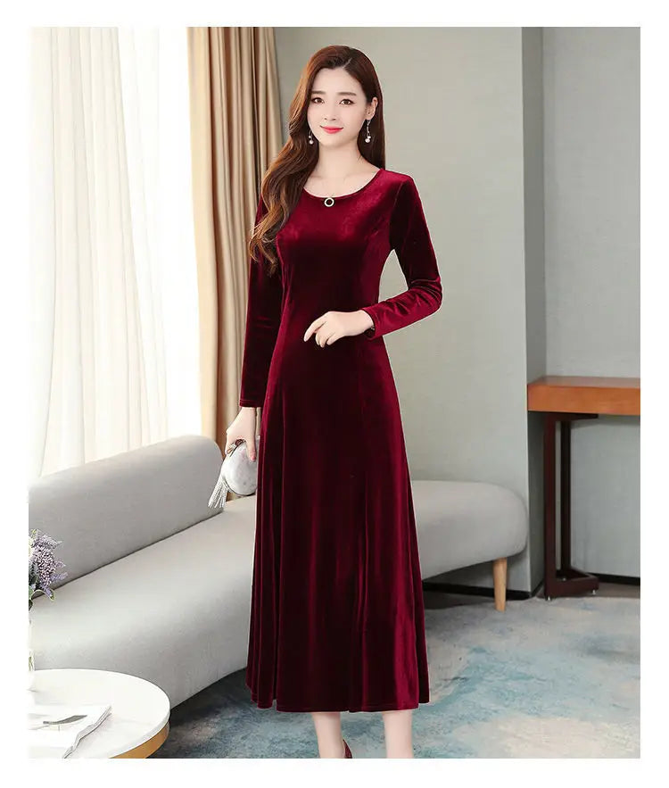 Elegant Long Velvet Dress Women's Autumn Winter New Style Knee-Length A-Line Skirt Polyester Fabric Regular Sleeve round Neck