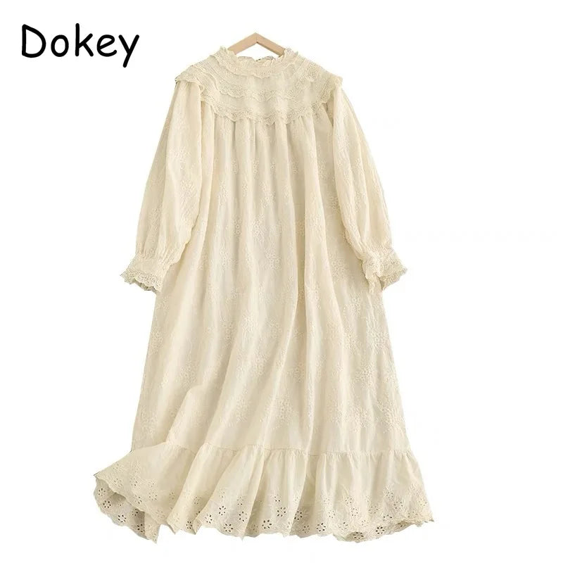Vintage Embroidery Hollow Out Cotton Linen Dress Women Spring Mori Girl Lace Ruffled Casual Long Sleeve Loose Pullover Vestidos