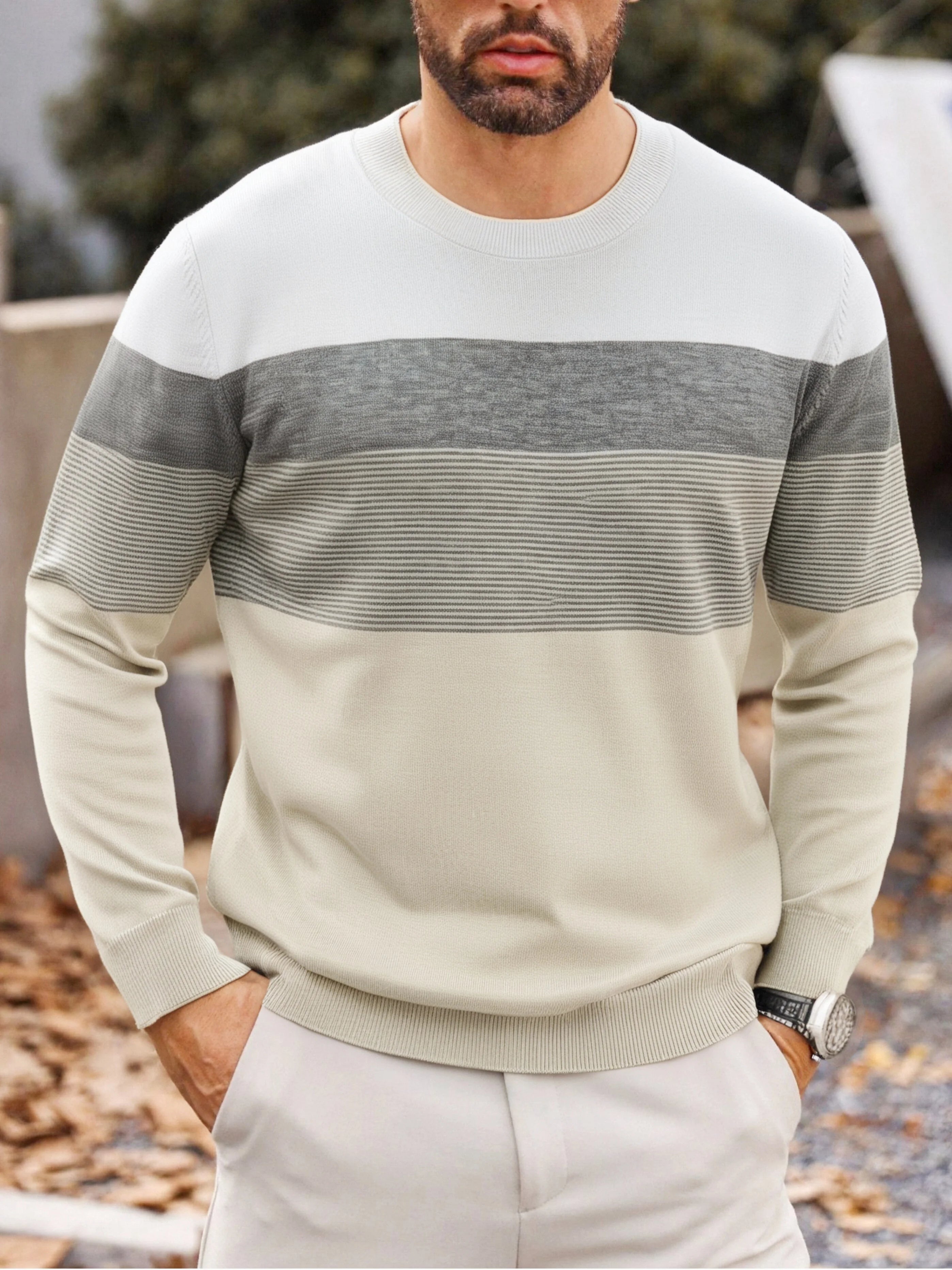 Men Spring Autumn Crew Neck Color Block Horizontal Striped Knit Sweater Long Sleeve Slim Casual Pullover Tops