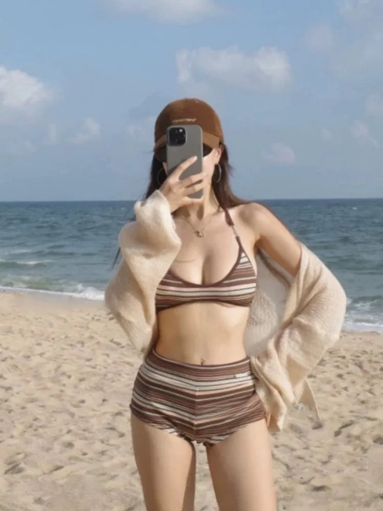 French Retro Striped Two Piece Bikini High Waist Push Up Swimsuit Ins Style Sexy Bathing Suit for Women Beach Island Vacation