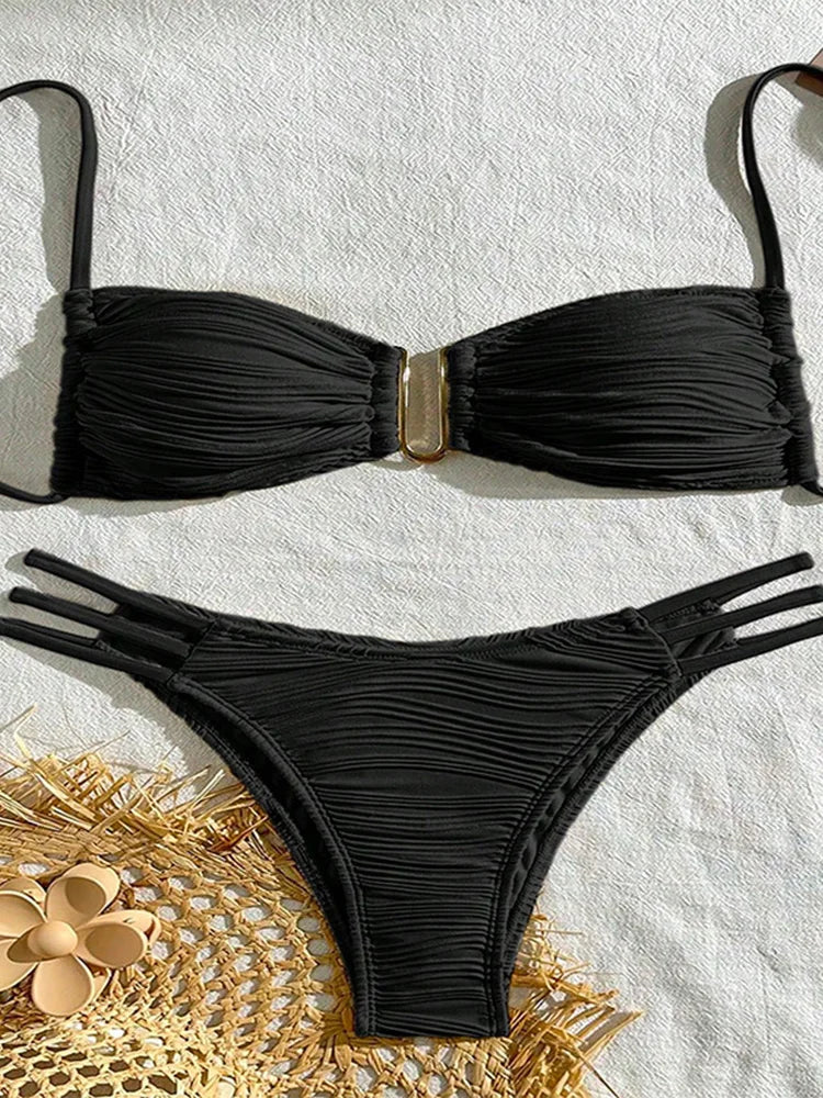 Vzvn Sexy Solid Beach Vacation Bikinis Set Women Split Swimsuit Bikini 2026 New All Season Backless Bandage Bikinis 2 Piece Set