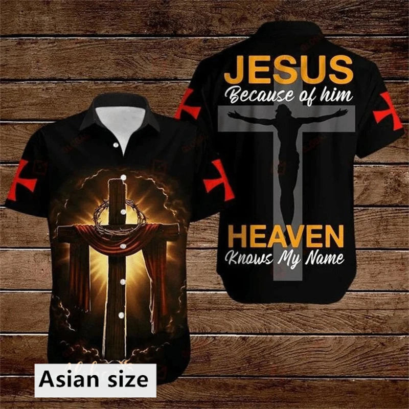 Jesus Cross Lion Graphic Men Shirt Fashion 3D Printed Christian Button Lapel Hawaiian Shirts Summer Street Short Sleeves Tops