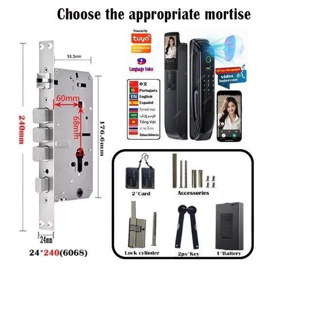 5050 5072 5572 4585 6085 Mortise Tuya WiFi Video Intercom 3D Face Recognition Smart Lock Biometric Camera Auto Keyless Lock