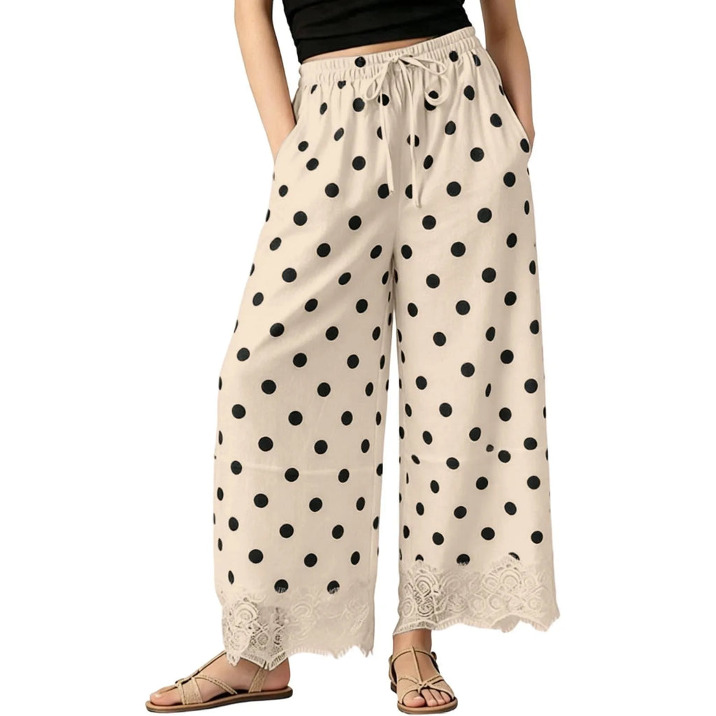 Vintage Polka Dot Women's Pants Lace Hem Loose Wide Leg Pants Drawstring Elastic Waist Side Pocket Baggy Trousers Pantalones
