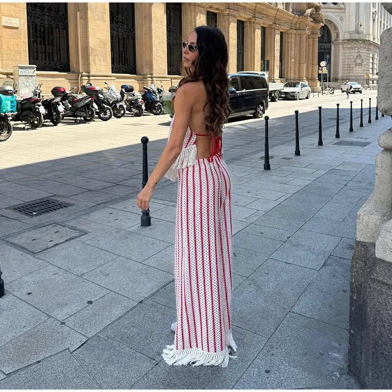 Halter Vertical Striped Fringe Two Piece Set Sleeveless Tank Top Loose Wide Leg Pants Women 2026 Summer Holiday Beach Chic Suit