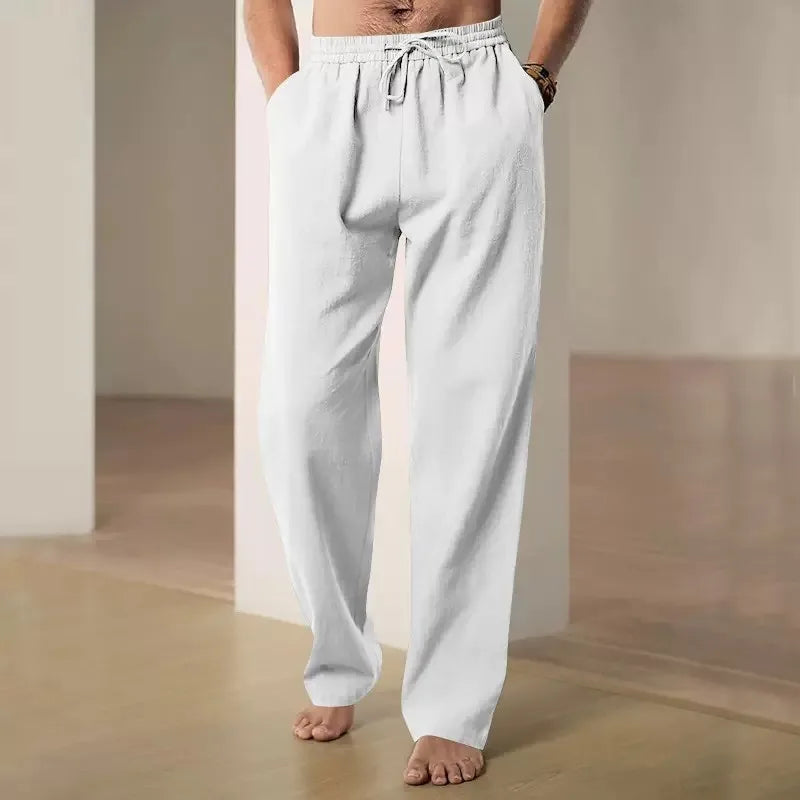 Men Drawstring Waist Linen Cotton Wide Leg Pants Thin Breathable Loose Casual Trousers For Spring Summer
