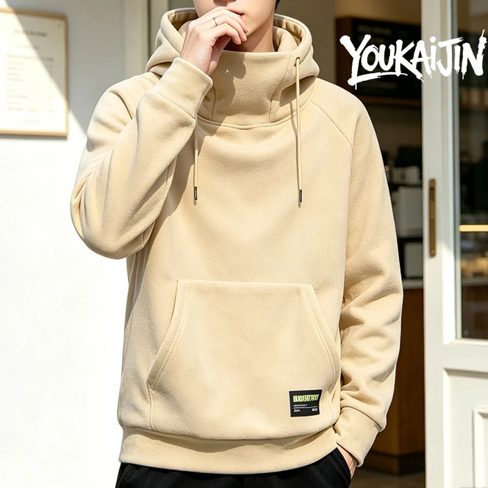 Men's Polar Fleece Sweatshirt Solid Color Street Style Autumn Winter Hood Sports Windproof Oversized High Collar Hoodie 5XL