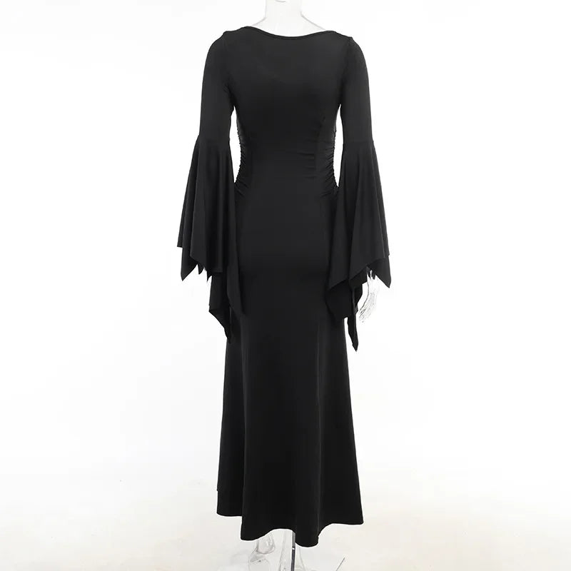 Halloween Costume Women Batwing Sleeve Floor Dress Black Gothic Evil Terror Maxi Mistress Morticia Addam Family Outfit For Adult